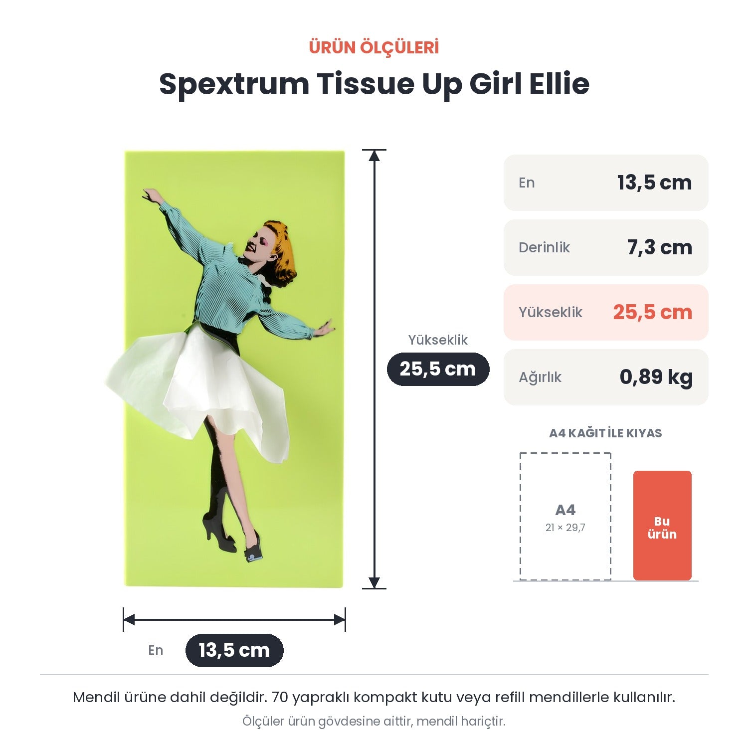 Spextrum Tissue Up Girl Ellie peçetelik ürün ölçüleri: en 13,5 cm, derinlik 7,3 cm, yükseklik 25,5 cm