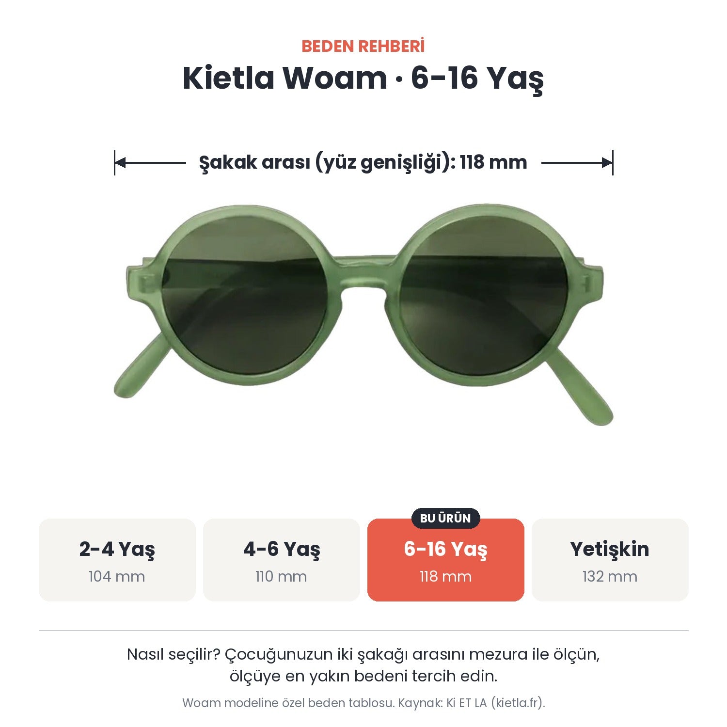 Kietla Woam güneş gözlüğü beden rehberi: 6-16 Yaş, şakak arası yaklaşık 118 mm