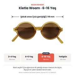 Kietla Woam güneş gözlüğü beden rehberi: 6-16 Yaş, şakak arası yaklaşık 118 mm