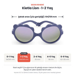 Kietla Lion güneş gözlüğü beden rehberi: 1-2 Yaş, şakak arası yaklaşık 104/105 mm