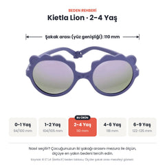 Kietla Lion güneş gözlüğü beden rehberi: 2-4 Yaş, şakak arası yaklaşık 110 mm
