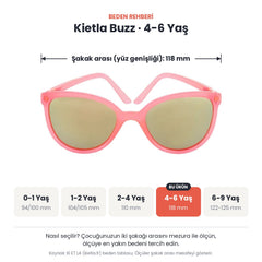 Kietla Buzz güneş gözlüğü beden rehberi: 4-6 Yaş, şakak arası yaklaşık 118 mm