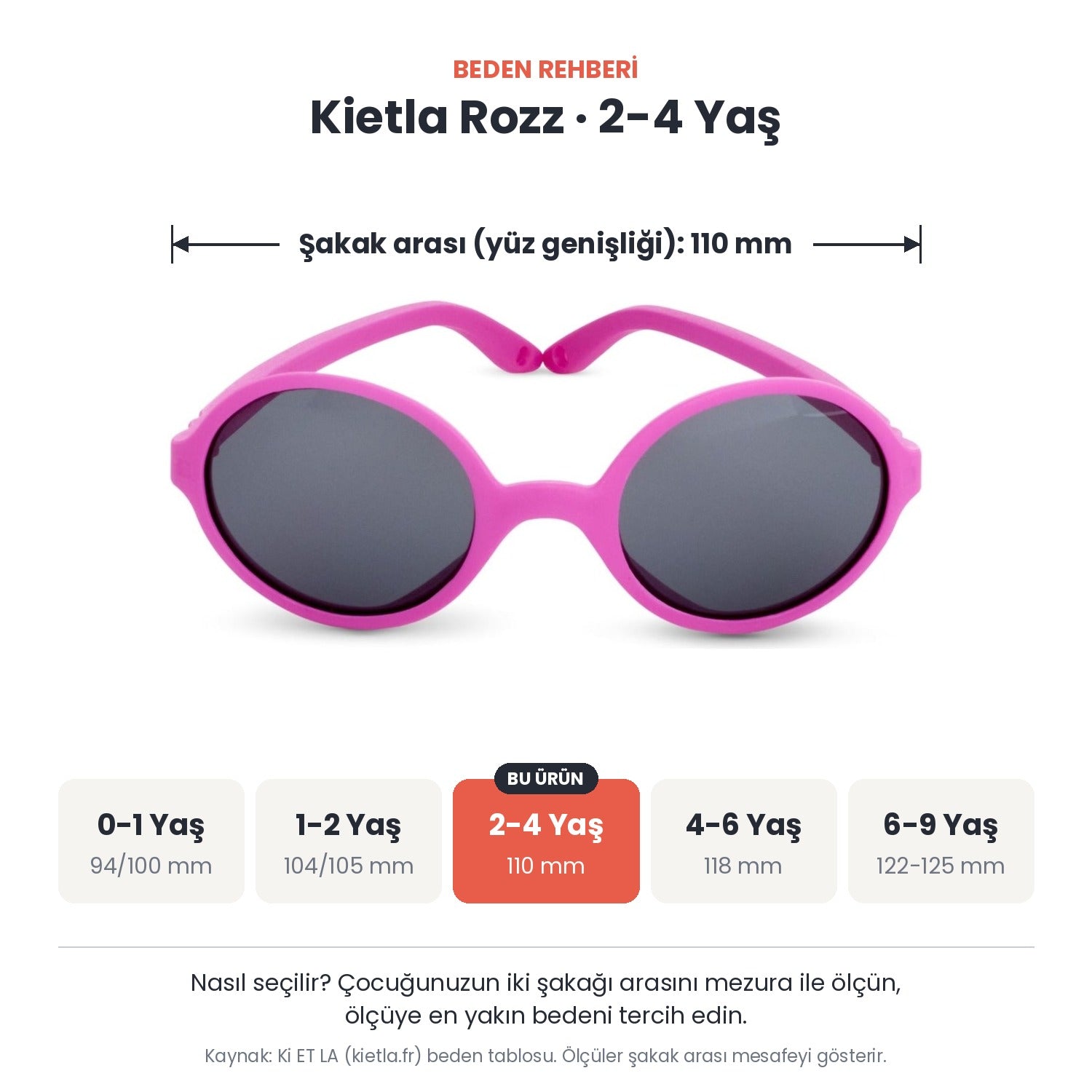 Kietla Rozz güneş gözlüğü beden rehberi: 2-4 Yaş, şakak arası yaklaşık 110 mm