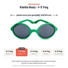 Kietla Rozz güneş gözlüğü beden rehberi: 1-2 Yaş, şakak arası yaklaşık 104/105 mm