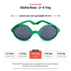 Kietla Rozz güneş gözlüğü beden rehberi: 2-4 Yaş, şakak arası yaklaşık 110 mm