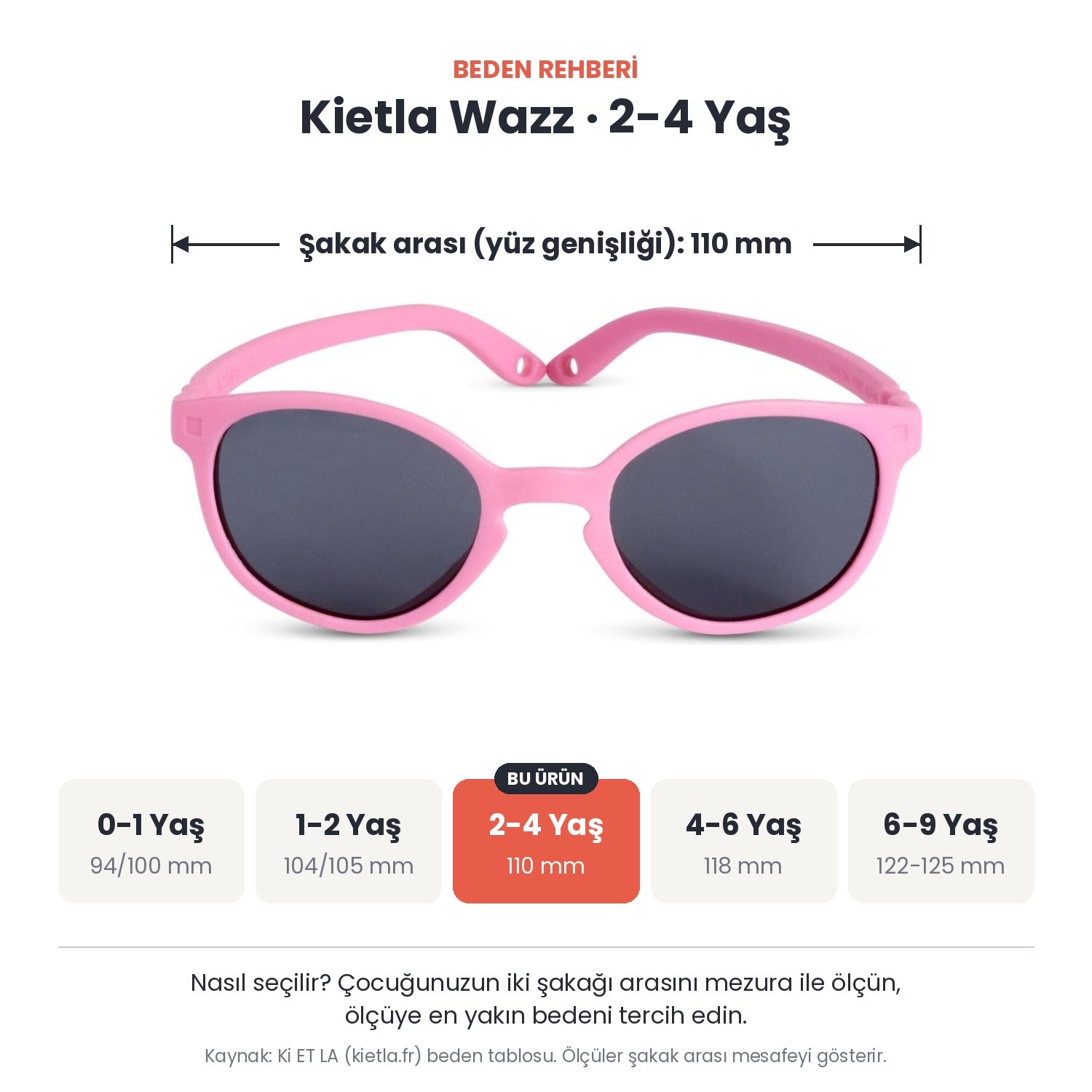 Kietla Wazz güneş gözlüğü beden rehberi: 2-4 Yaş, şakak arası yaklaşık 110 mm