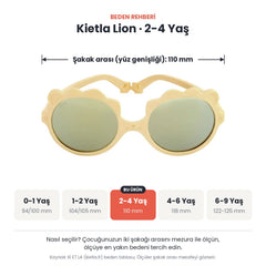 Kietla Lion güneş gözlüğü beden rehberi: 2-4 Yaş, şakak arası yaklaşık 110 mm