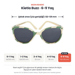 Kietla Buzz güneş gözlüğü beden rehberi: 6-9 Yaş, şakak arası yaklaşık 122-125 mm