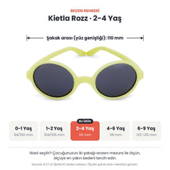 Kietla Rozz güneş gözlüğü beden rehberi: 2-4 Yaş, şakak arası yaklaşık 110 mm