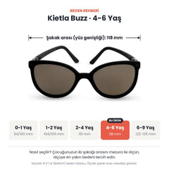 Kietla Buzz güneş gözlüğü beden rehberi: 4-6 Yaş, şakak arası yaklaşık 118 mm
