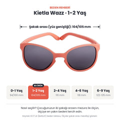 Kietla Wazz güneş gözlüğü beden rehberi: 1-2 Yaş, şakak arası yaklaşık 104/105 mm