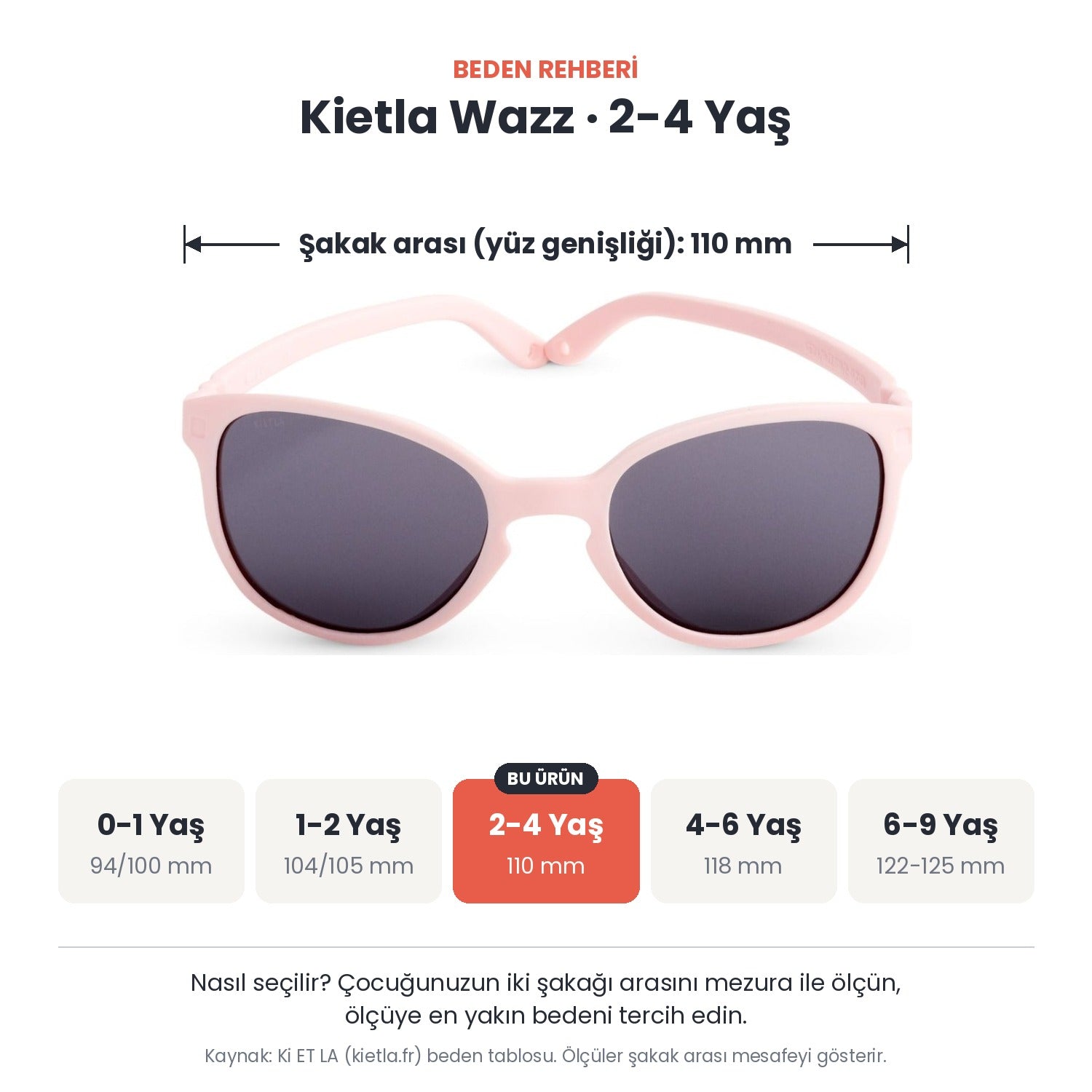Kietla Wazz güneş gözlüğü beden rehberi: 2-4 Yaş, şakak arası yaklaşık 110 mm