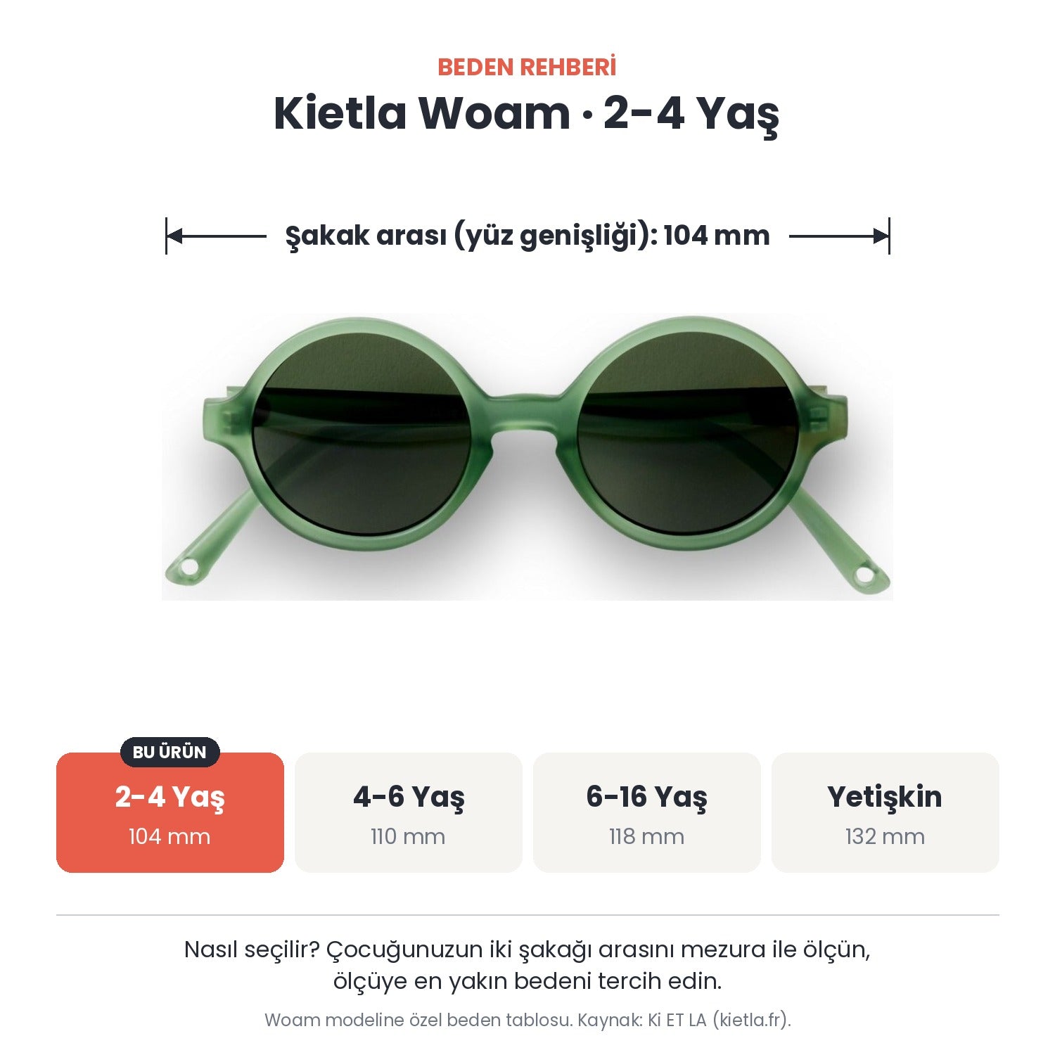 Kietla Woam güneş gözlüğü beden rehberi: 2-4 Yaş, şakak arası yaklaşık 104 mm