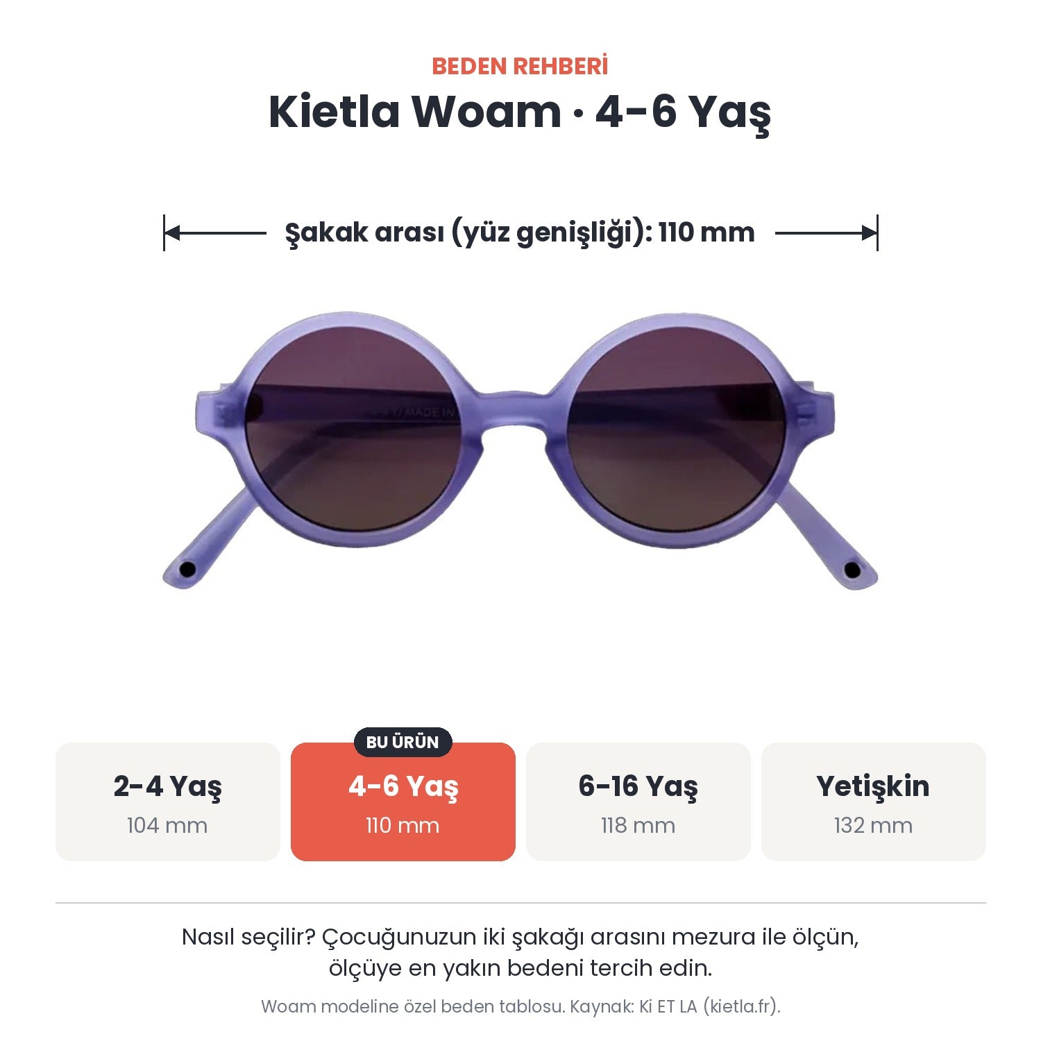 Kietla Woam güneş gözlüğü beden rehberi: 4-6 Yaş, şakak arası yaklaşık 110 mm