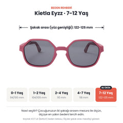 Kietla Eyzz güneş gözlüğü beden rehberi: 7-12 Yaş, şakak arası yaklaşık 122-125 mm