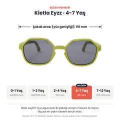 Kietla Eyzz güneş gözlüğü beden rehberi: 4-7 Yaş, şakak arası yaklaşık 118 mm