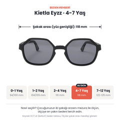 Kietla Eyzz güneş gözlüğü beden rehberi: 4-7 Yaş, şakak arası yaklaşık 118 mm
