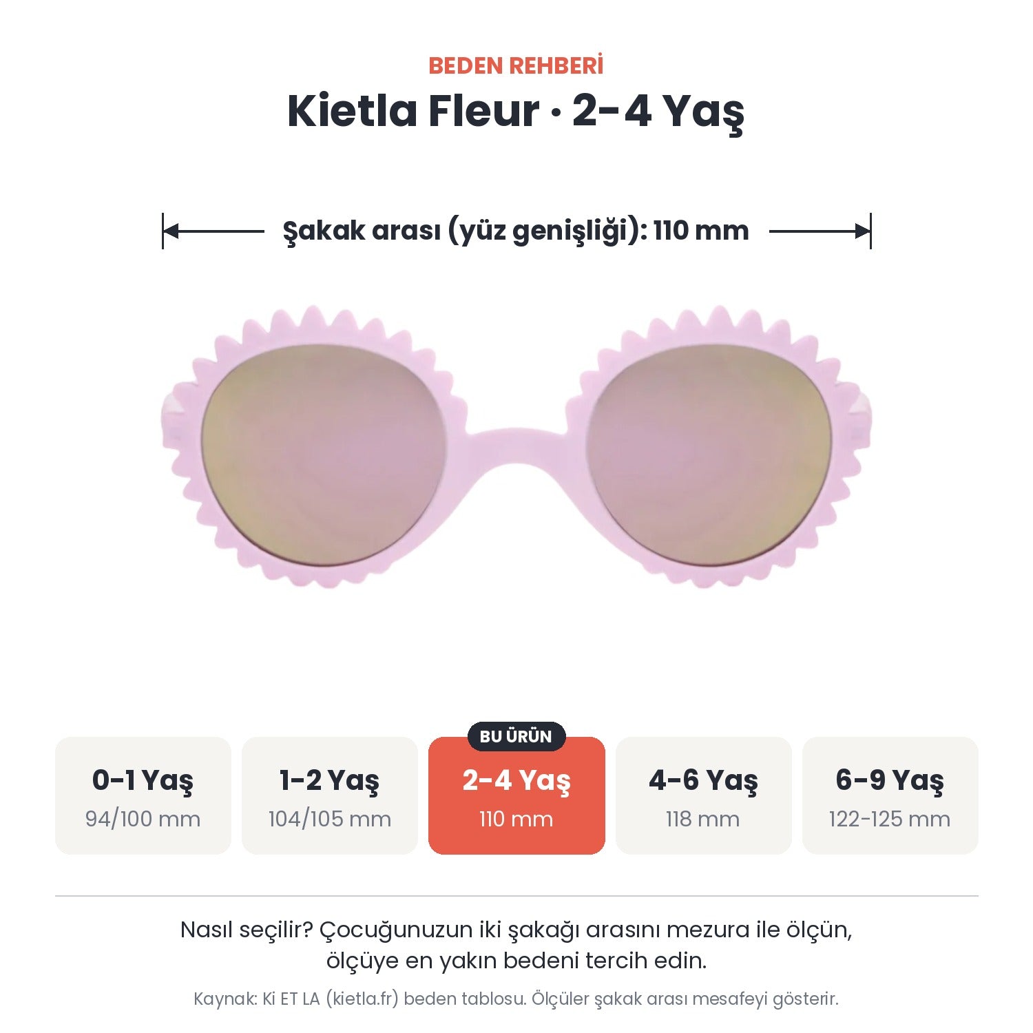Kietla Fleur güneş gözlüğü beden rehberi: 2-4 Yaş, şakak arası yaklaşık 110 mm