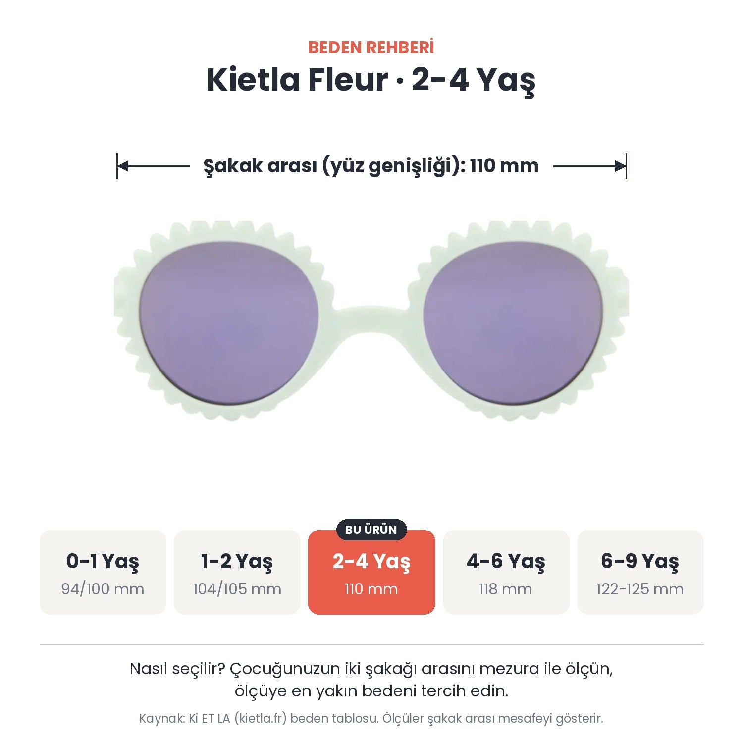 Kietla Fleur güneş gözlüğü beden rehberi: 2-4 Yaş, şakak arası yaklaşık 110 mm