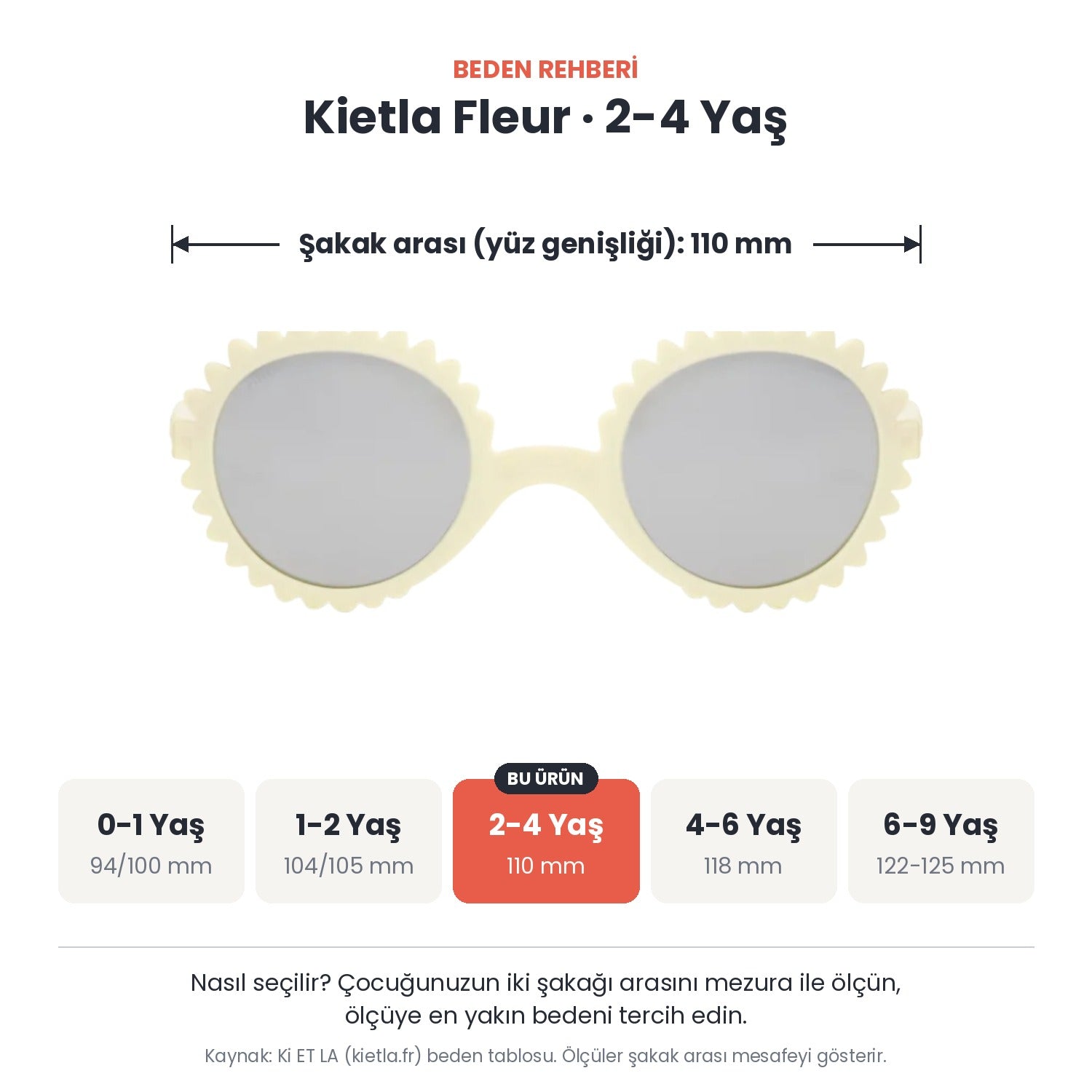 Kietla Fleur güneş gözlüğü beden rehberi: 2-4 Yaş, şakak arası yaklaşık 110 mm