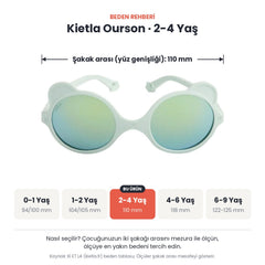 Kietla Ourson güneş gözlüğü beden rehberi: 2-4 Yaş, şakak arası yaklaşık 110 mm