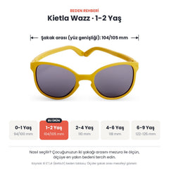 Kietla Wazz güneş gözlüğü beden rehberi: 1-2 Yaş, şakak arası yaklaşık 104/105 mm