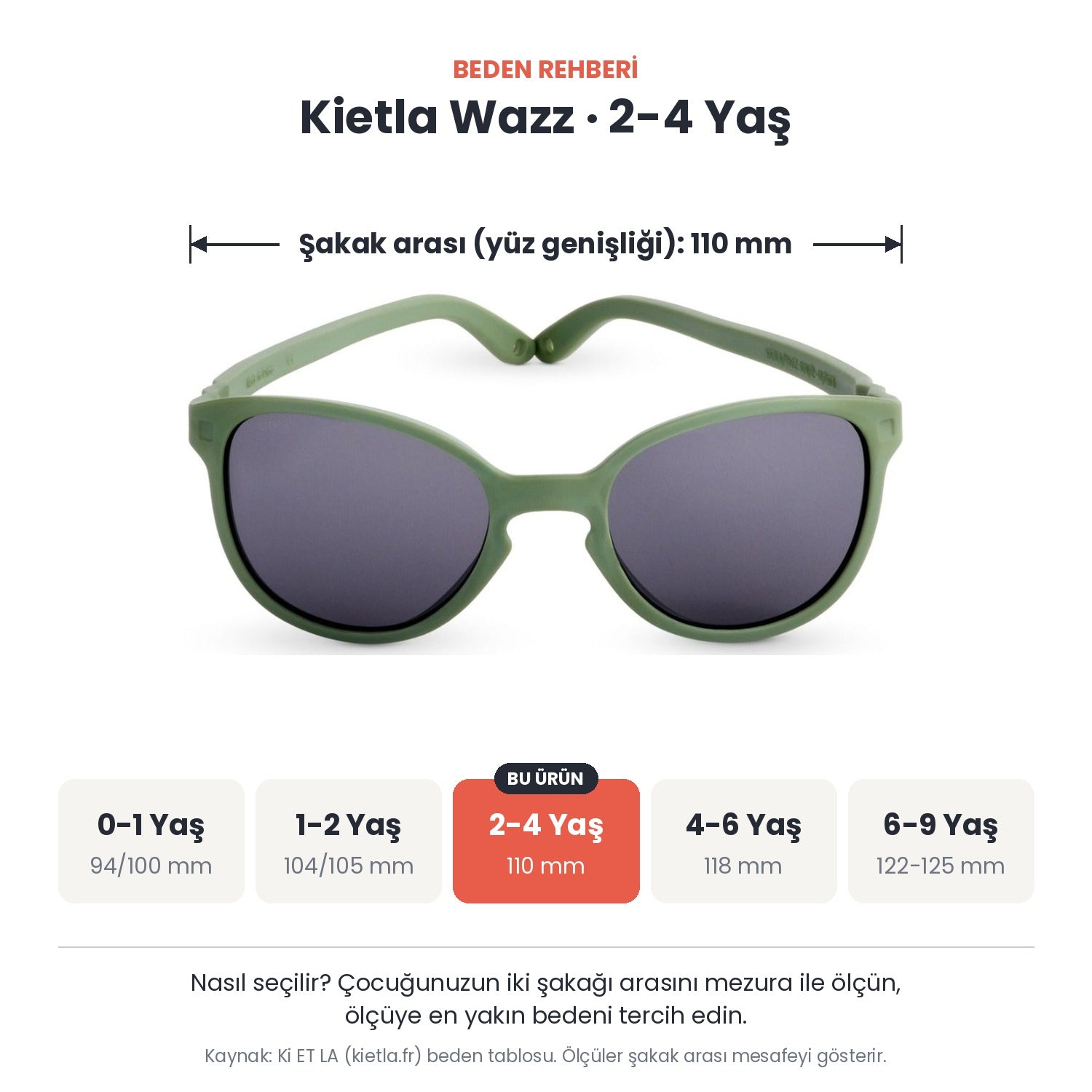 Kietla Wazz güneş gözlüğü beden rehberi: 2-4 Yaş, şakak arası yaklaşık 110 mm
