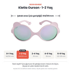 Kietla Ourson güneş gözlüğü beden rehberi: 1-2 Yaş, şakak arası yaklaşık 104/105 mm