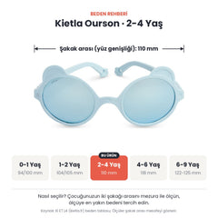 Kietla Ourson güneş gözlüğü beden rehberi: 2-4 Yaş, şakak arası yaklaşık 110 mm