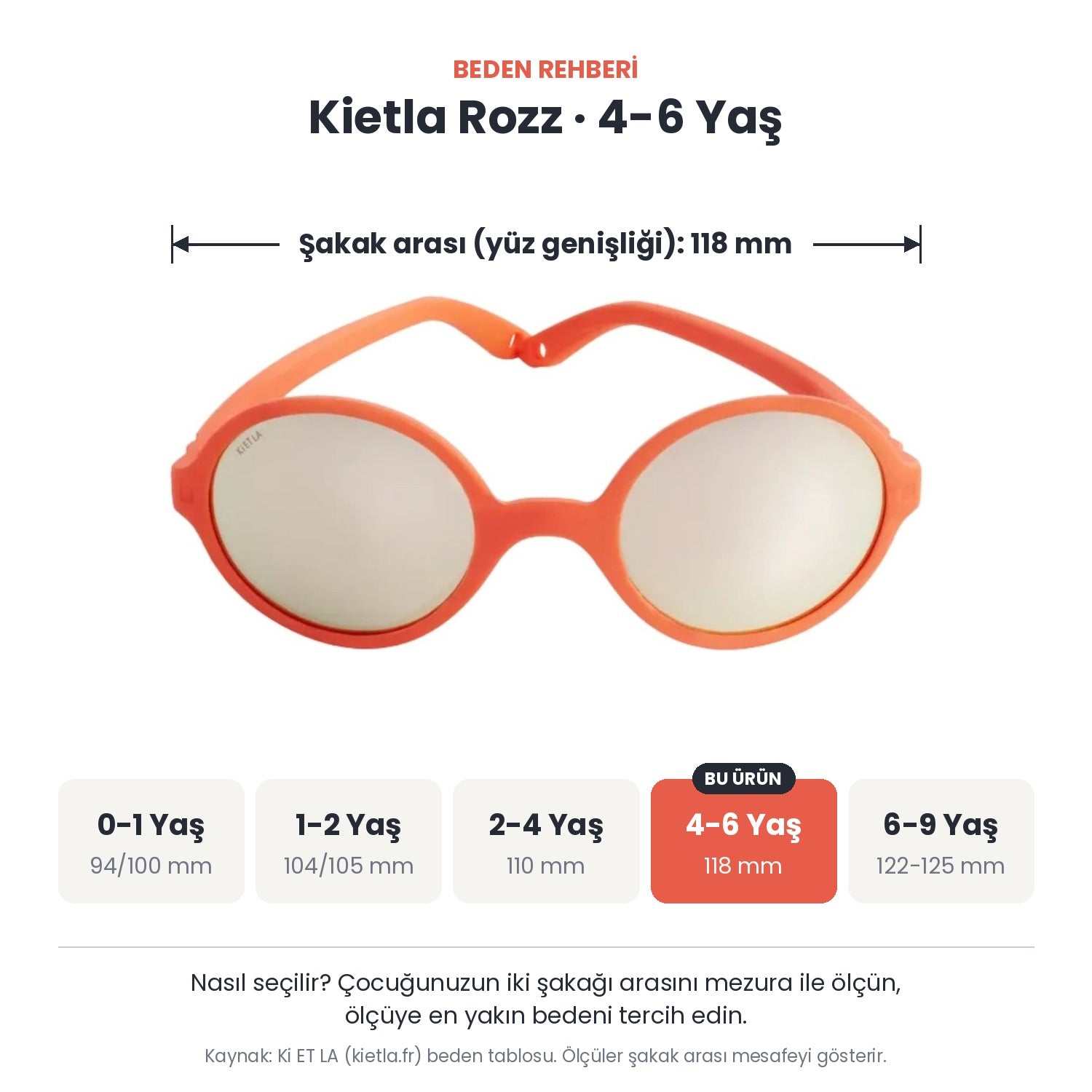 Kietla Rozz güneş gözlüğü beden rehberi: 4-6 Yaş, şakak arası yaklaşık 118 mm