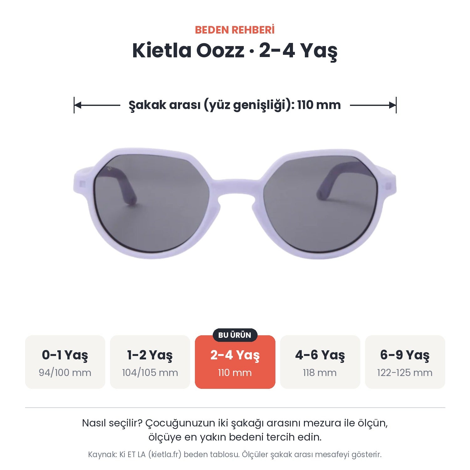 Kietla Oozz güneş gözlüğü beden rehberi: 2-4 Yaş, şakak arası yaklaşık 110 mm