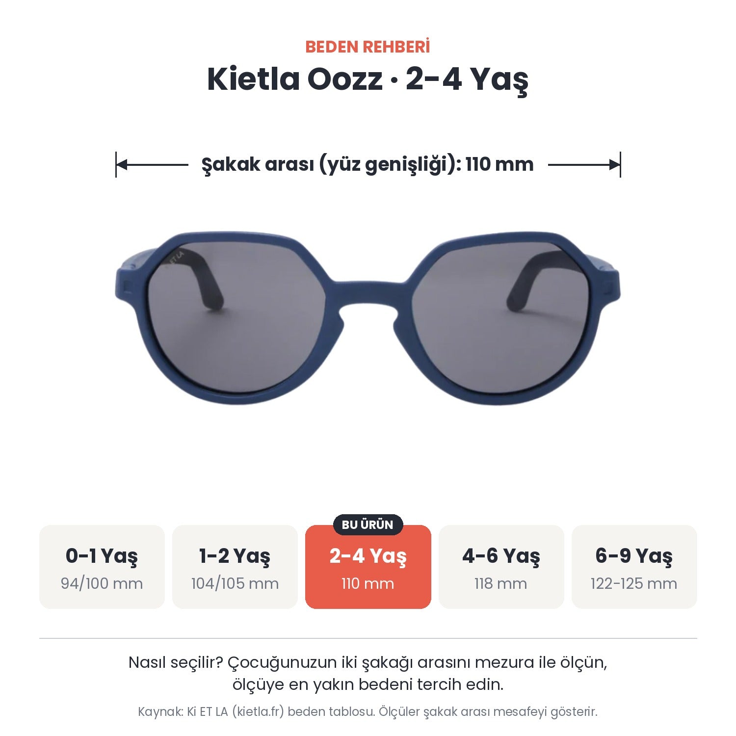 Kietla Oozz güneş gözlüğü beden rehberi: 2-4 Yaş, şakak arası yaklaşık 110 mm