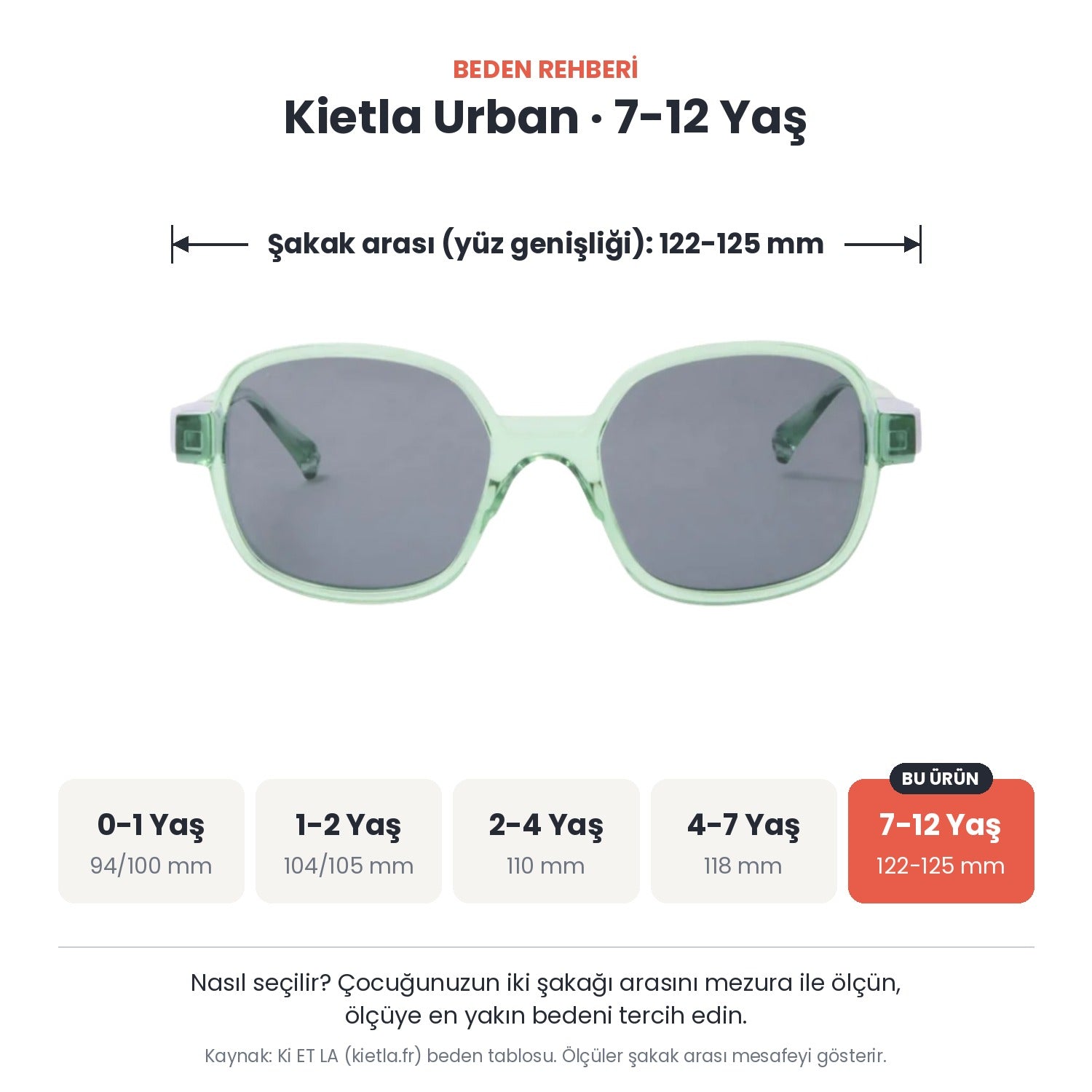 Kietla Urban güneş gözlüğü beden rehberi: 7-12 Yaş, şakak arası yaklaşık 122-125 mm