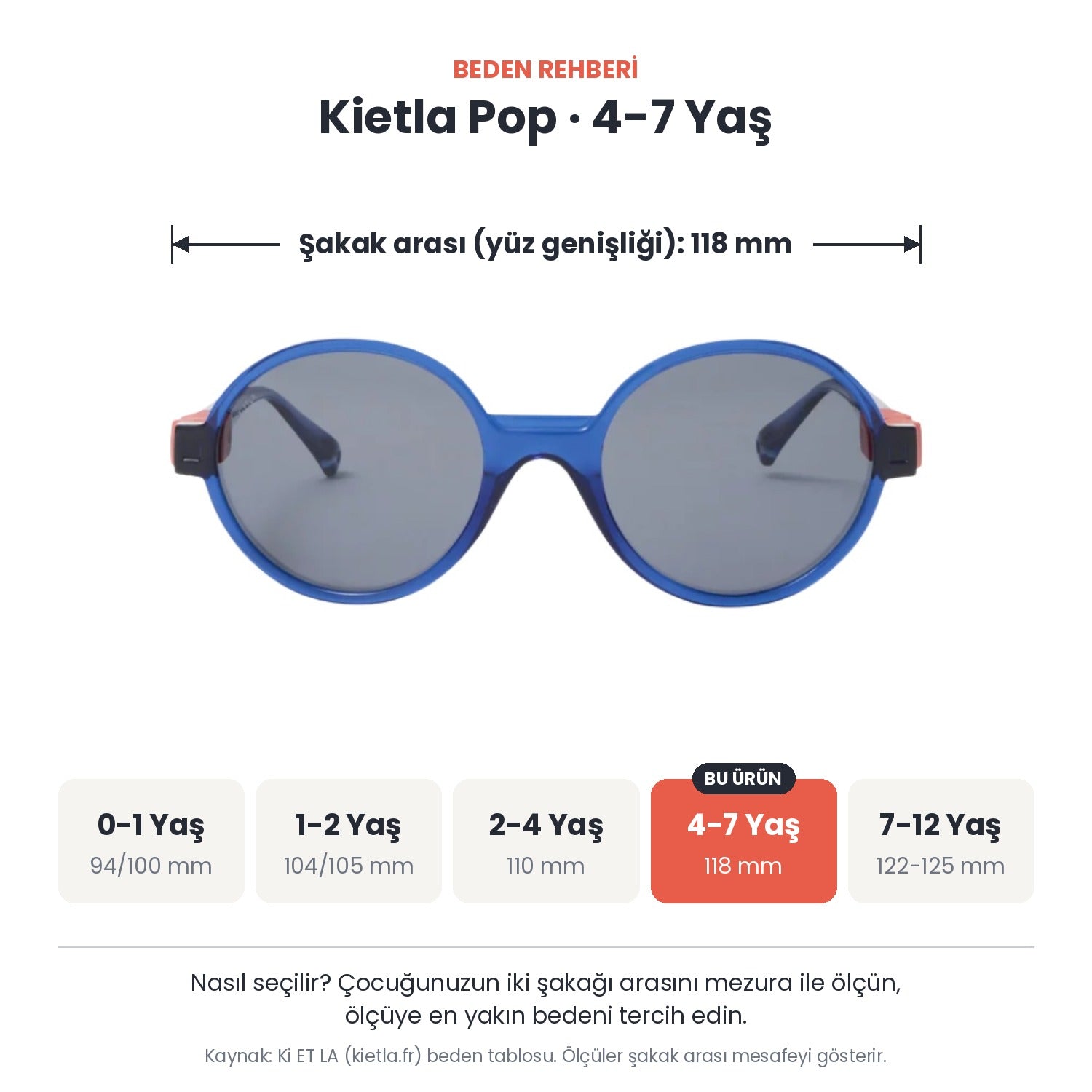 Kietla Pop güneş gözlüğü beden rehberi: 4-7 Yaş, şakak arası yaklaşık 118 mm