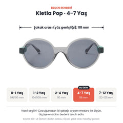Kietla Pop güneş gözlüğü beden rehberi: 4-7 Yaş, şakak arası yaklaşık 118 mm
