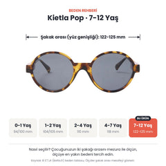 Kietla Pop güneş gözlüğü beden rehberi: 7-12 Yaş, şakak arası yaklaşık 122-125 mm