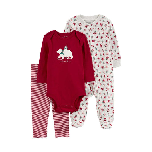 Carter's Layette Christmas Kız Bebek Tulum Body Pantolon 3’lü Set