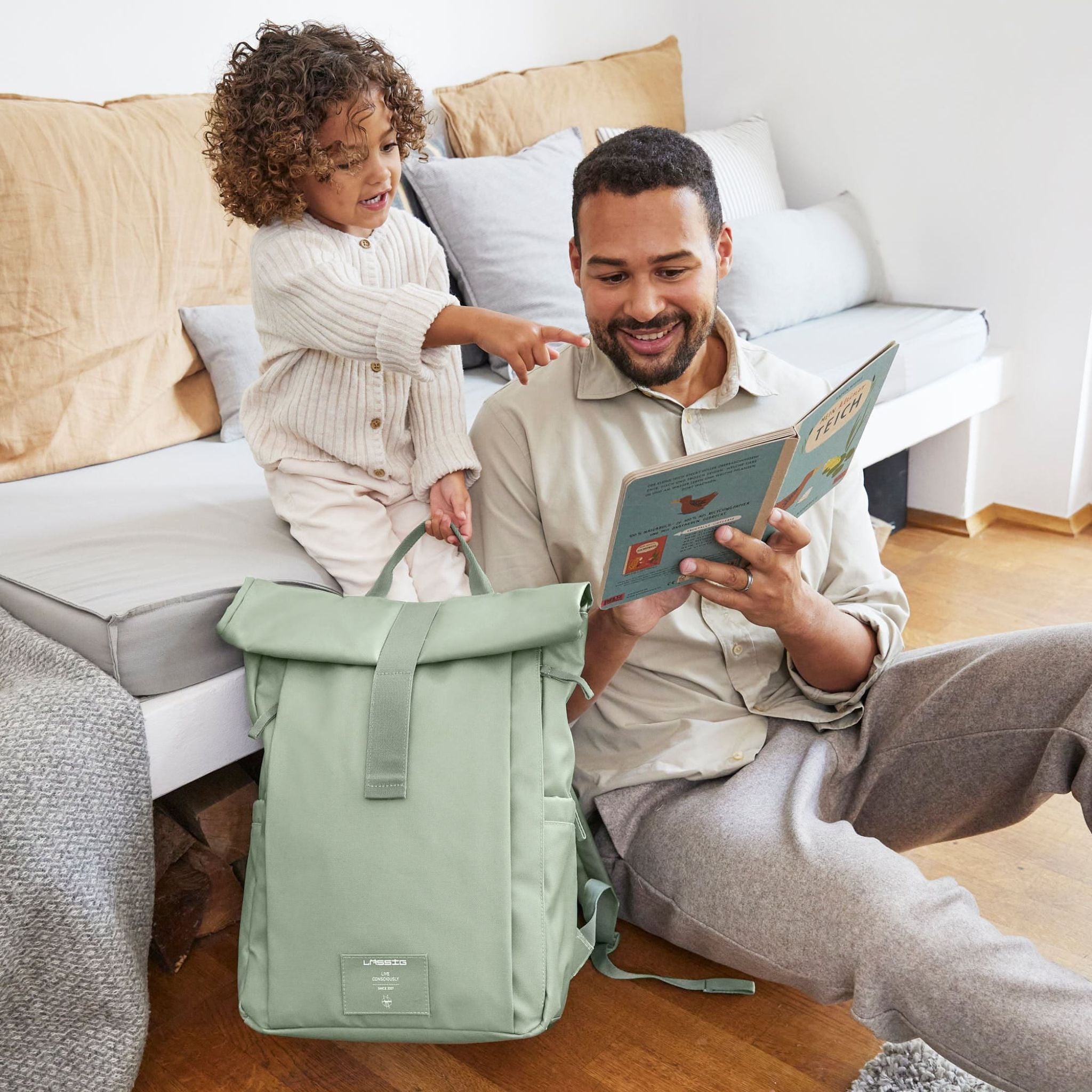 Lassig Rolltop Up Bebek Bakım Sırt Çantası Açık Yeşil 7