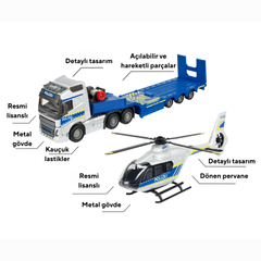 Majorette Volvo FH-16 Polis Taşıyıcı Kamyon ve Airbus Helikopter Metal Araç Seti