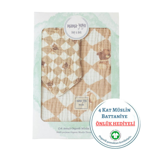 Mama Yoyo Ayıcık Müslin Organik Bebek Battaniyesi Mama Önlüğü Hediyeli