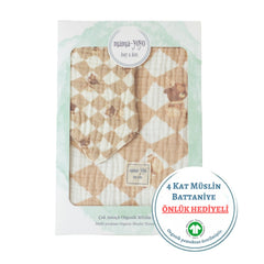 Mama Yoyo Ayıcık Müslin Organik Bebek Battaniyesi Mama Önlüğü Hediyeli