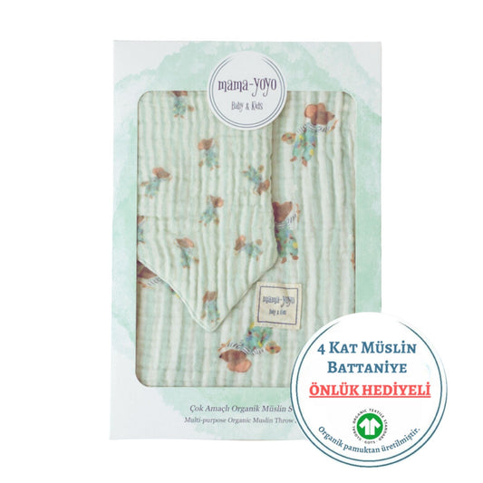 Mama Yoyo Fare Müslin Organik Bebek Battaniyesi Mama Önlüğü Hediyeli
