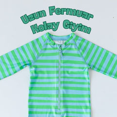 Mama Yoyo Fermuarlı Erkek Çocuk Çizgi Desenli Mayo