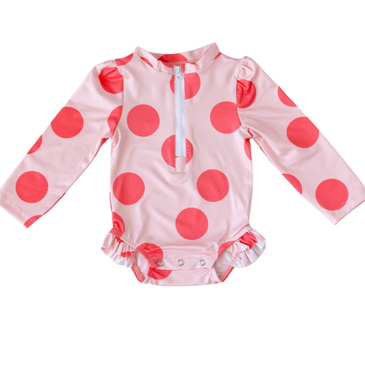 Mama Yoyo Büyük Puantiye Desenli Fermuarlı Uzun Kollu Alttan Çıtçıtlı Mayo