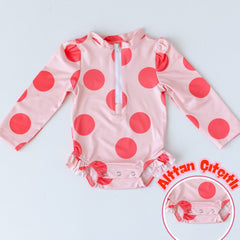 Mama Yoyo Büyük Puantiye Desenli Fermuarlı Uzun Kollu Alttan Çıtçıtlı Mayo