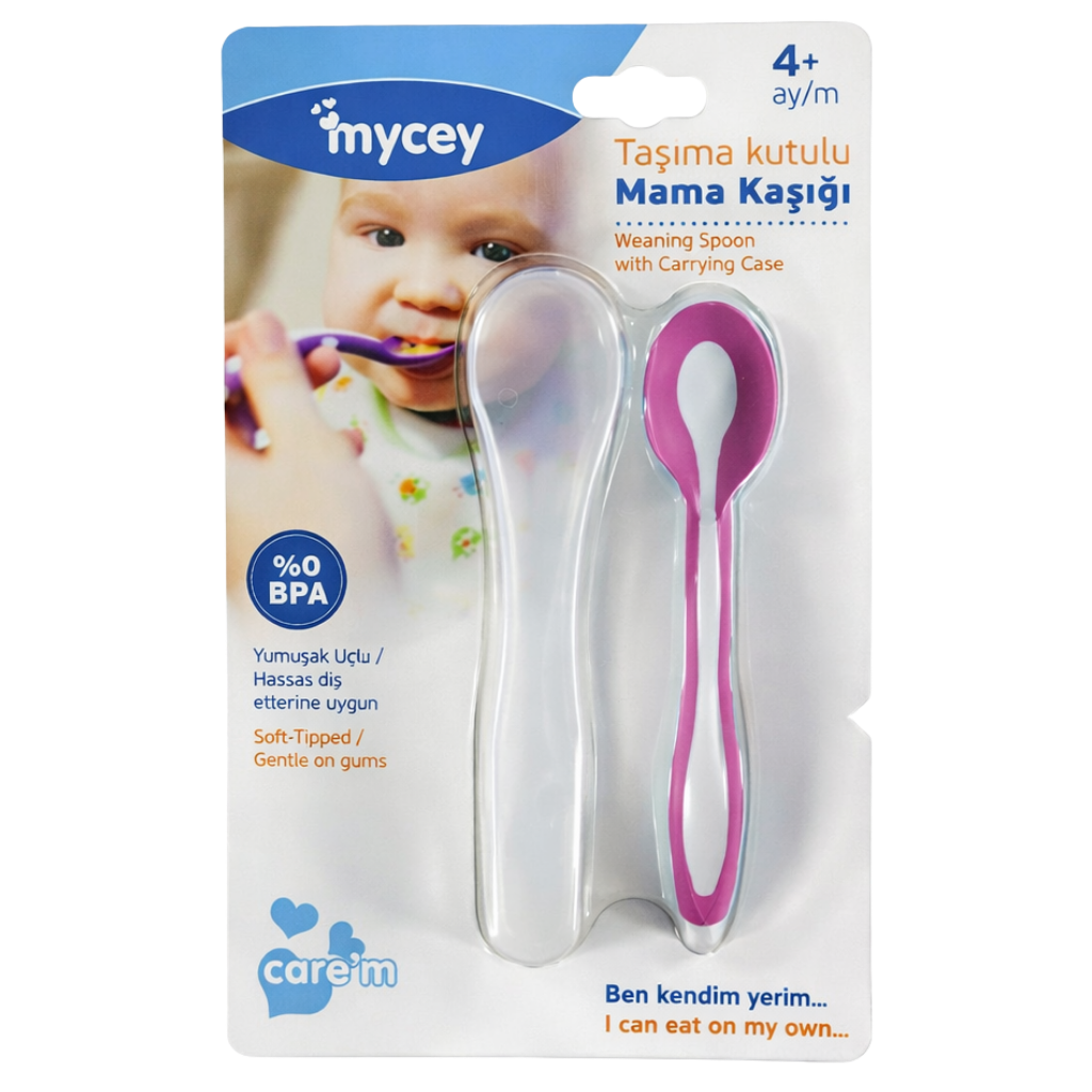 Mycey Taşıma Kutulu Mama Kaşığı Yumuşak Uçlu Pembe - Welcome Baby
