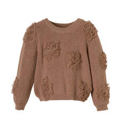 Patique Kahverengi Çiçek İşlemeli Triko Kız Çocuk Kazak