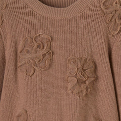 Patique Kahverengi Çiçek İşlemeli Triko Kız Çocuk Kazak