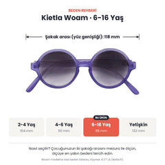 Kietla Woam güneş gözlüğü beden rehberi: 6-16 Yaş, şakak arası yaklaşık 118 mm