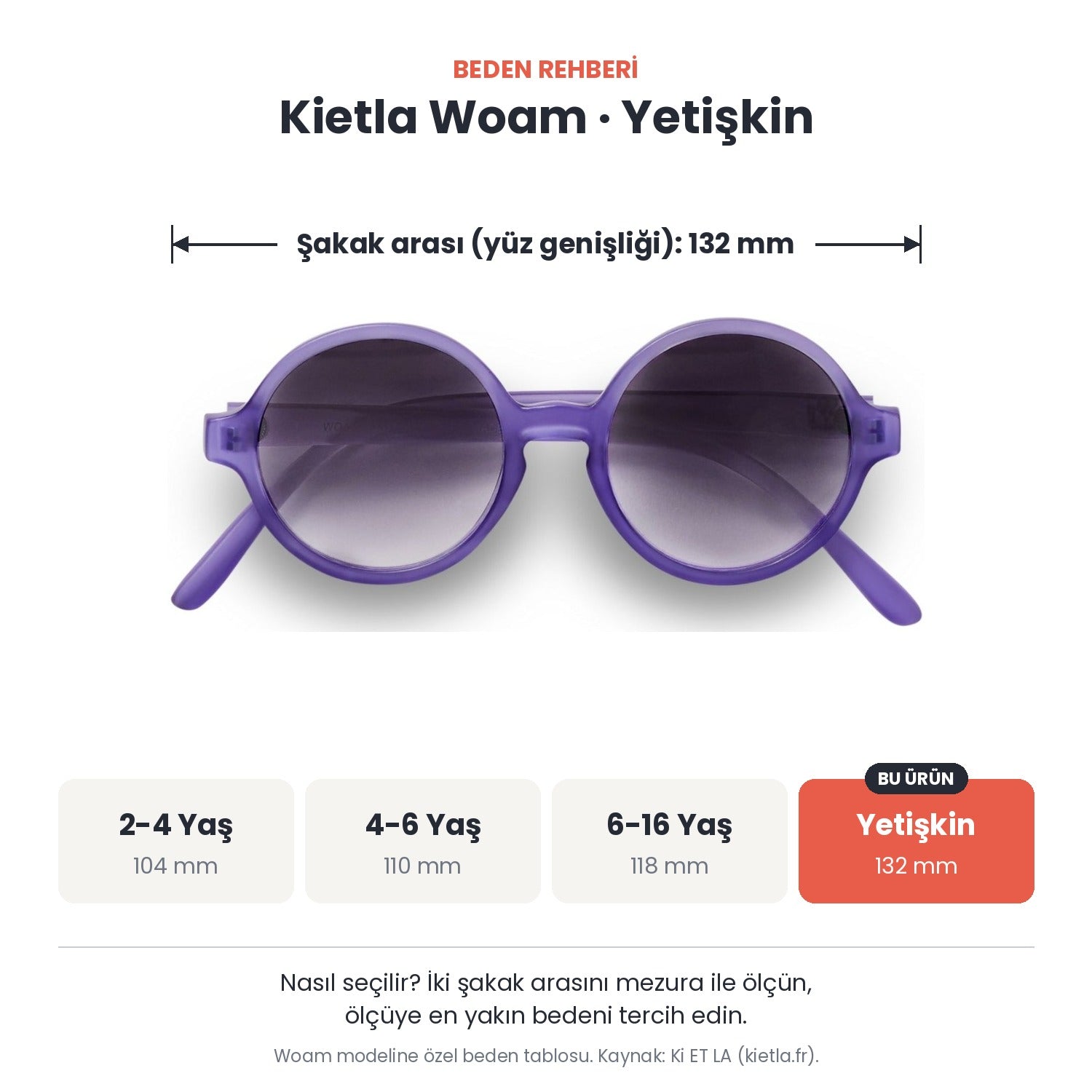 Kietla Woam güneş gözlüğü beden rehberi: Yetişkin, şakak arası yaklaşık 132 mm